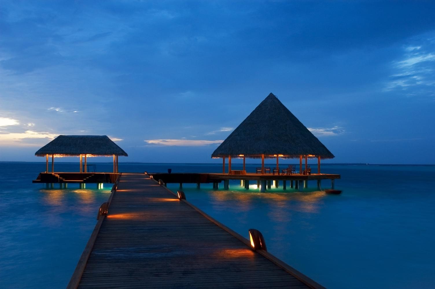 马尔代夫的海岛度假村小茅屋与椰子树风景图片-千叶网