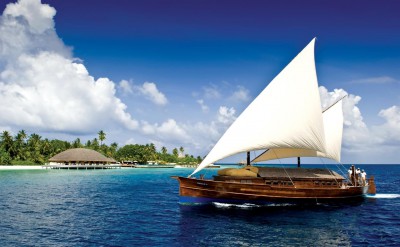 Sailing Dhoni. Maldives resort Huvafen Fushi, Maldives is managed by luxury brand Per Aquum Resorts and Spas - featuring world-first Underwater Spa.